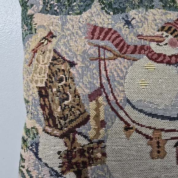Tapestry Throw Pillow Snowman Birdhouse Christmas  15"X 15” - Picture 2 of 6